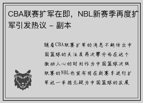 CBA联赛扩军在即，NBL新赛季再度扩军引发热议 - 副本